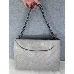 Tory Burch Alexa Quilted Slouchy Soft Leather Tote Purse Grey Pewter Chain
